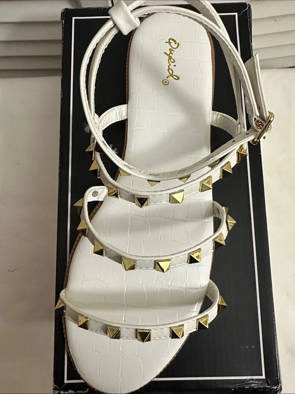 Qupid White Pyramid-Stud Ankle-Strap Sandal - Picture 1 of 5